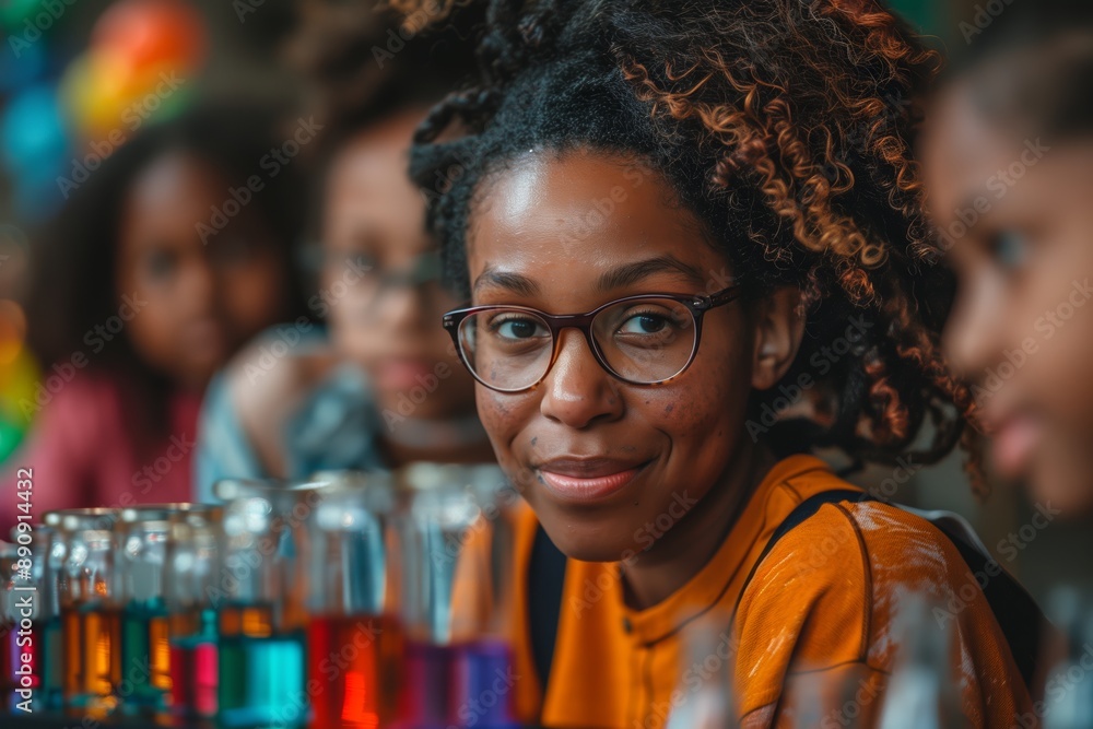 Young Woman With Glasses Smiles During Science Experiment Young Woman With Glasses Smiles During Science Experiment