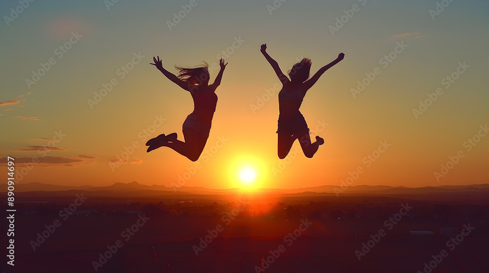 two individuals mid-leap against the backdrop of a setting sun two individuals mid-leap against the backdrop of a setting sun