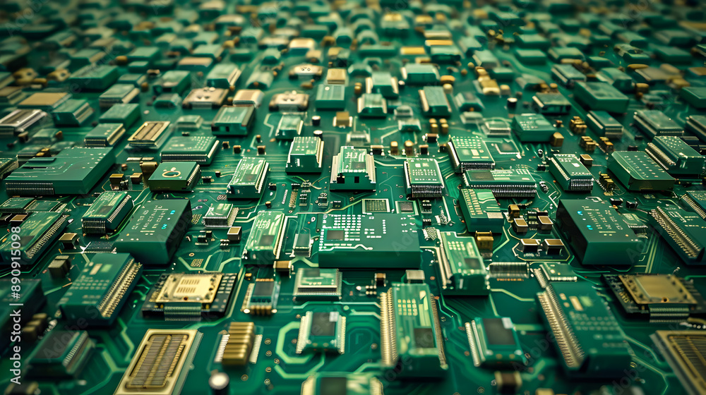 electronic circuit board with processor, Rows of Green Circuit Boards
