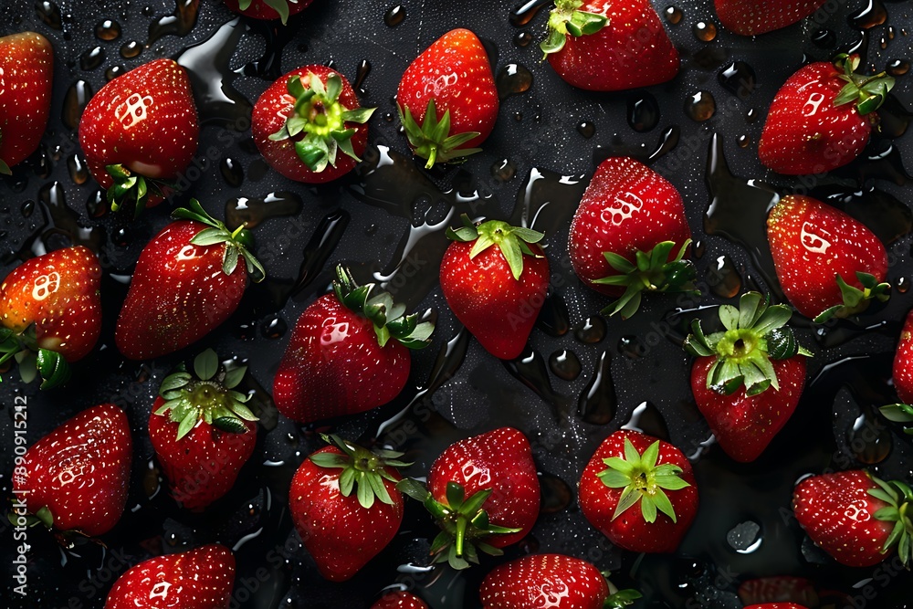 Fresh Red Strawberries on a Black Wet Surface Fresh Red Strawberries on a Black Wet Surface