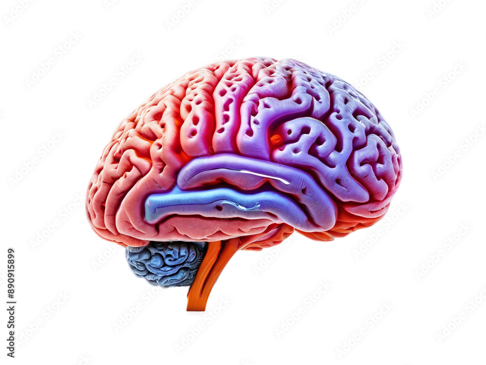 A 3D illustration of a human vibrant colors brain isolated on transparent background , a complex organ vital for thought, intelligence and overall health A 3D illustration of a human vibrant colors brain isolated on transparent background , a complex organ vital for thought, intelligence and overall health