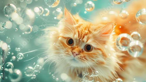 A charming close-up of an orange tabby cat with lovely fluffy fur, caught in a mesmerized gaze amidst a sea of floating, shimmering bubbles in soft focus.