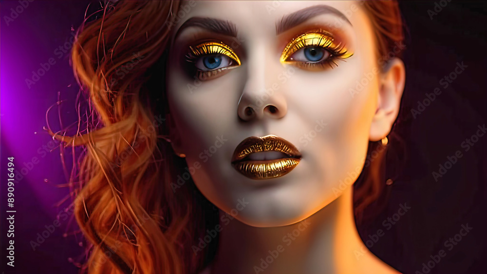 Fashion model girl with golden makeup, beautiful makeup on the eyes and lips of a female model, fashion and beauty industry Fashion model girl with golden makeup, beautiful makeup on the eyes and lips of a female model, fashion and beauty industry