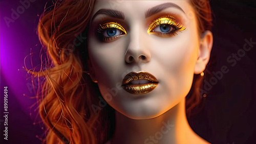 Fashion model girl with golden makeup, beautiful makeup on the eyes and lips of a female model, fashion and beauty industry 