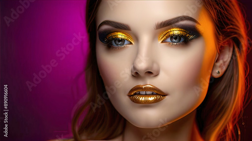 Fashion model girl with golden makeup, beautiful makeup on the eyes and lips of a female model, fashion and beauty industry 