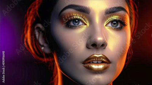 Fashion model girl with golden makeup, beautiful makeup on the eyes and lips of a female model, fashion and beauty industry 