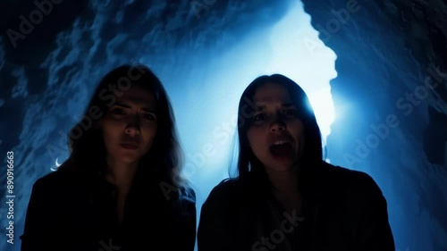 A group of friends huddle together their faces filled with a mixture of excitement and trepidation as they watch a glowing light emerge from the depths of a cave causing their hair