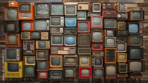 A wall of colorful vintage retro televisions in an antique store