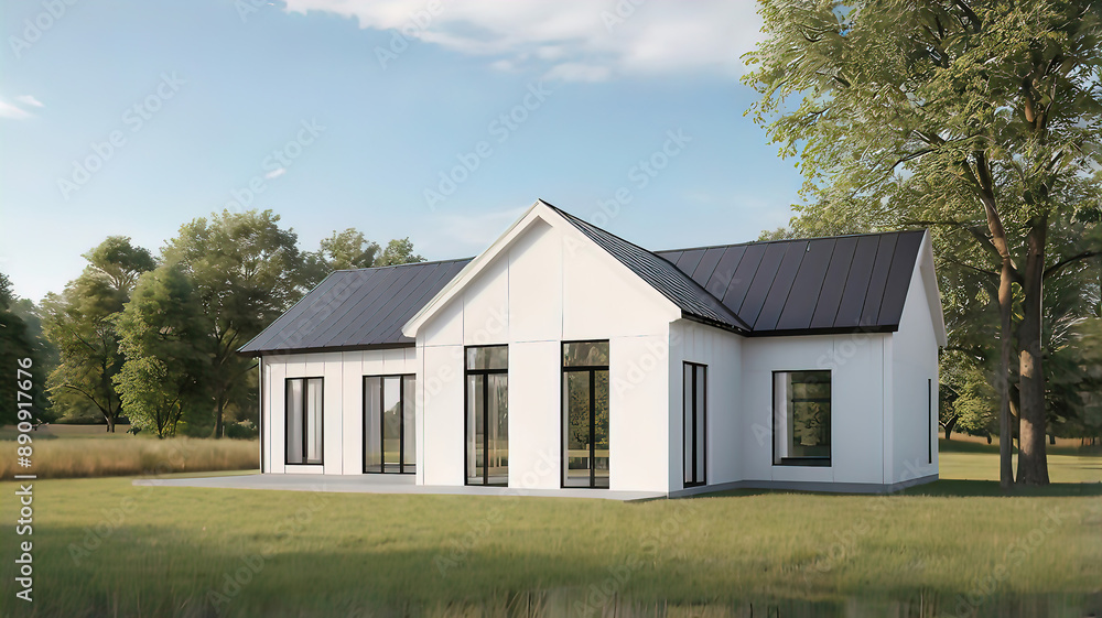 modern barn style building with large windows in nature, barhouse style house, 3D rendering. modern advanced technologies for the construction of modular houses, modern barn style building with large windows in nature, barhouse style house, 3D rendering. modern advanced technologies for the construction of modular houses,