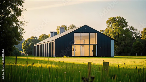 modern barn style building with large windows in nature, barhouse style house, 3D rendering. modern advanced technologies for the construction of modular houses, photo