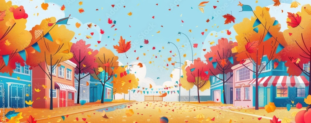Obraz premium Autumn leaves fall on a street lined with colorful houses.