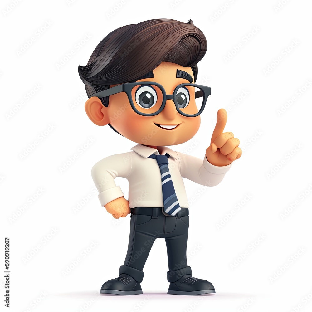 cool cartoon boy businessperson with glasses and a tie making a presentation on a white background. cool cartoon boy businessperson with glasses and a tie making a presentation on a white background.