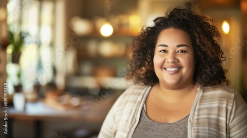 Portrait of a smiling happy fat woman in her home