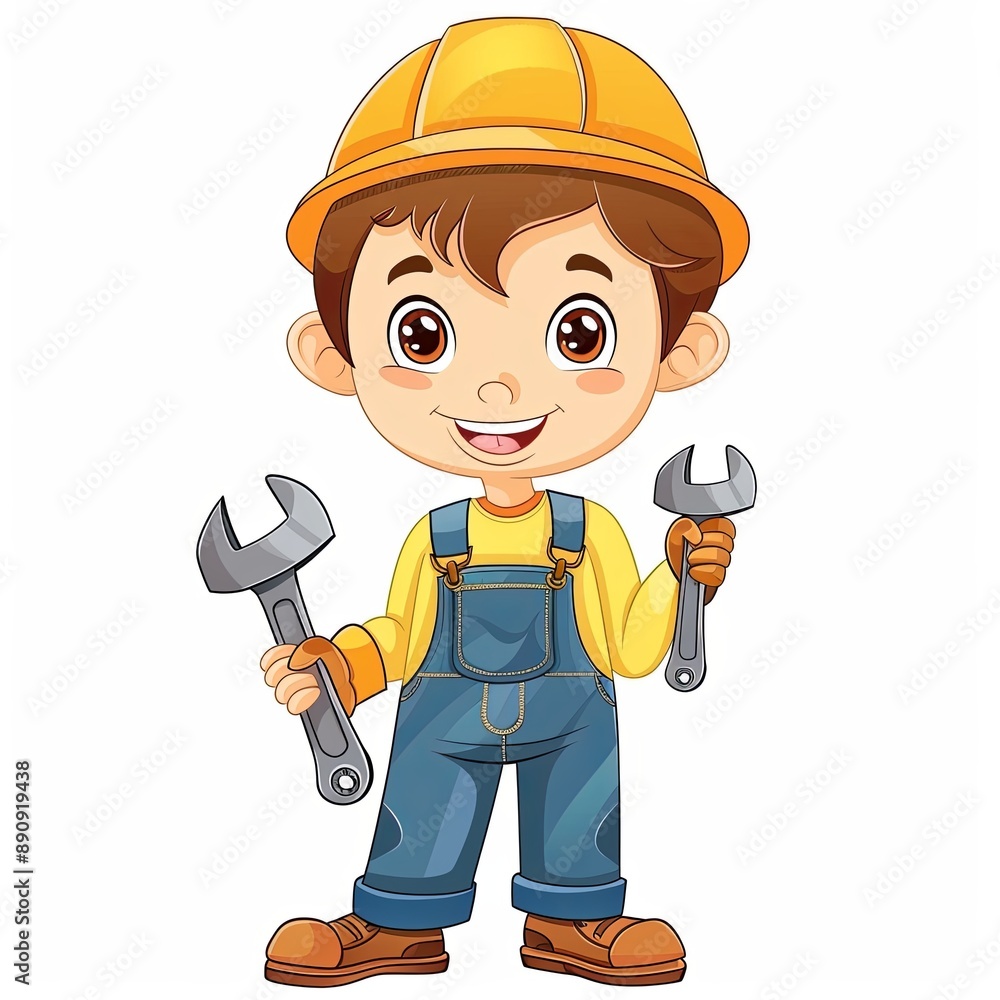 cute cartoon boy engineer with a wrench and a big smile on a white background. cute cartoon boy engineer with a wrench and a big smile on a white background.