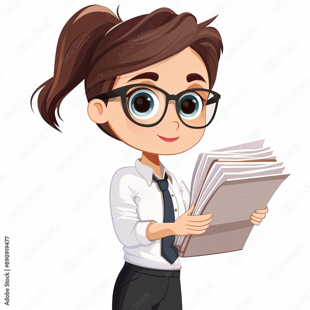 cute cartoon girl businessperson wearing glasses and holding a stack of papers on a white background. cute cartoon girl businessperson wearing glasses and holding a stack of papers on a white background.
