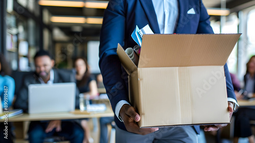 a man in a business suit carrying a cardboard box filled with office supplies or Personal Belongings