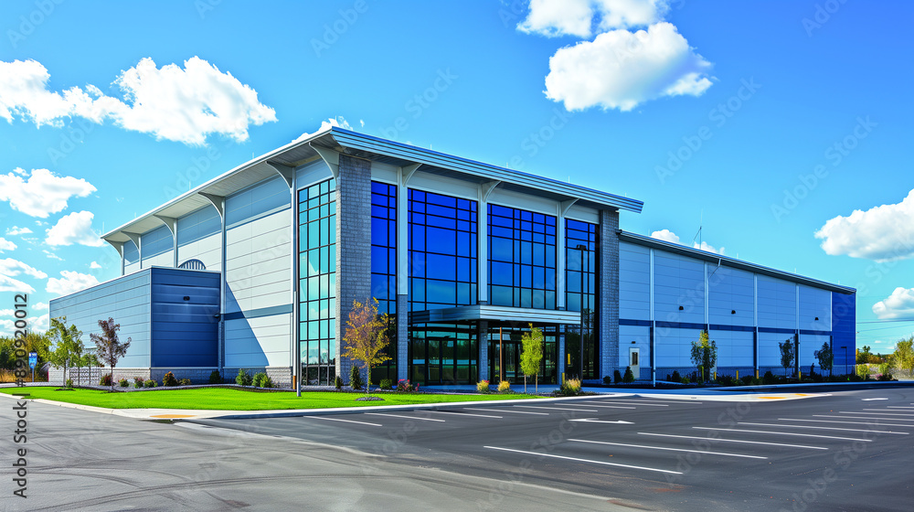 Commercial Warehouse with Modern Design, Large Entrance, and Sky-Blue Exterior Commercial Warehouse with Modern Design, Large Entrance, and Sky-Blue Exterior
