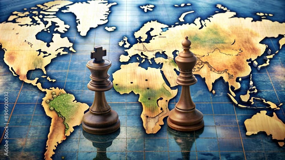 Two kings chess pieces facing off on world map Two kings chess pieces facing off on world map
