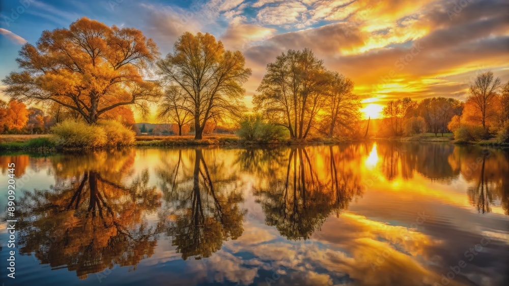 Golden sunset casts a warm glow on serene autumn landscape, with trees standing tall, their branches etched against a vibrant sky, reflected in still waters. Golden sunset casts a warm glow on serene autumn landscape, with trees standing tall, their branches etched against a vibrant sky, reflected in still waters.