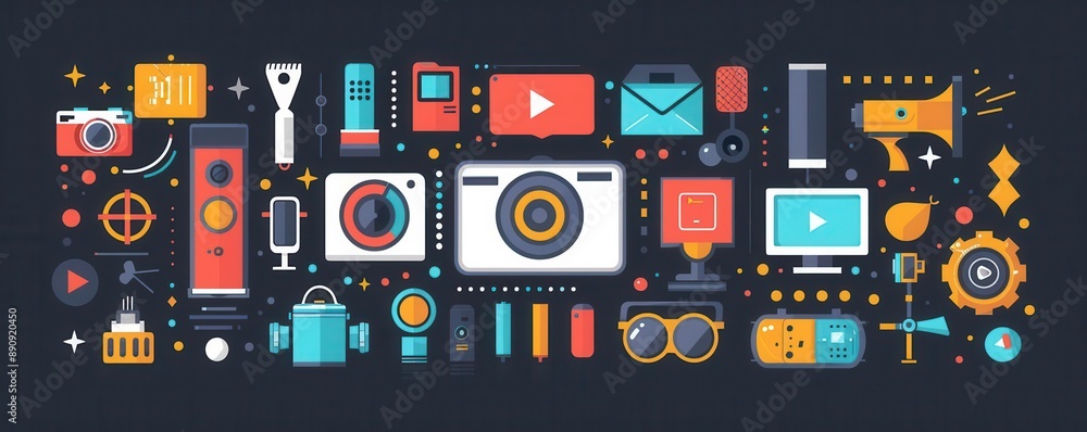 Colorful illustration with various media icons. Colorful illustration with various media icons.