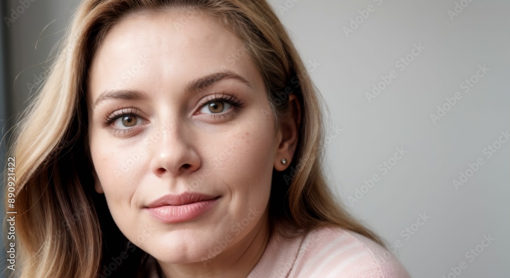 A woman with fair skin and light brown hair that falls in loose waves past her shoulders. Her expression is calm and slightly smiling, with full lips painted in a natural, light pink shade. A woman with fair skin and light brown hair that falls in loose waves past her shoulders. Her expression is calm and slightly smiling, with full lips painted in a natural, light pink shade.