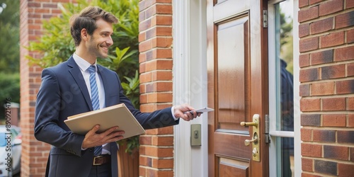 A business man doing door-to-door sales , salesman, visit, canvassing, marketing, pitch, client