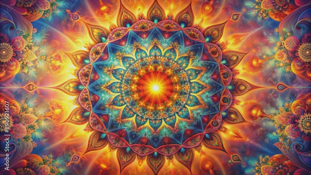 Vibrant abstract mandala with kaleidoscope of colors set against a warm, gradient sunset background, evoking feelings of serenity, spirituality, and creative energy. Vibrant abstract mandala with kaleidoscope of colors set against a warm, gradient sunset background, evoking feelings of serenity, spirituality, and creative energy.