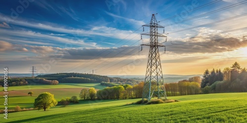 German electricity mast standing in a peaceful natural setting , electricity, mast, Germany, nature, energy