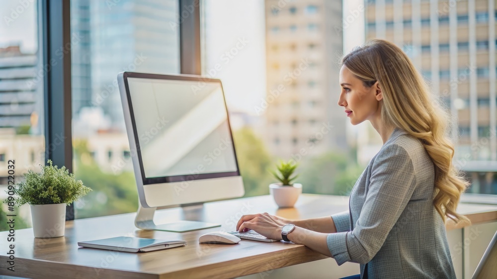 Woman using computer to organize digital data, technology, working, laptop, business, typing, storage, organization Woman using computer to organize digital data, technology, working, laptop, business, typing, storage, organization
