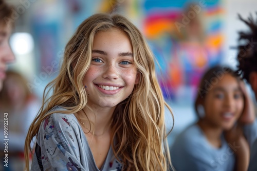 Wallpaper Mural Smiling Teenage Girl In Classroom With Friends Torontodigital.ca