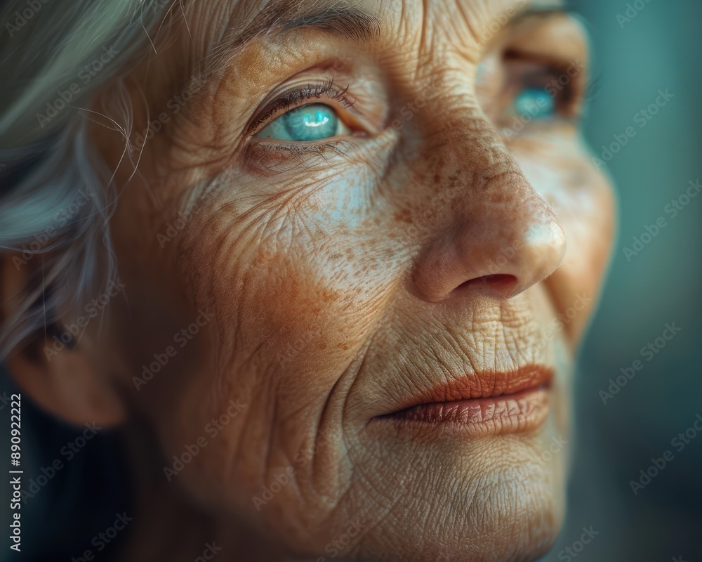 Obraz premium Elegant Senior Woman with Graceful Wrinkles, Eyes of Wisdom, Exuding Geriatric Charm, Mature Beauty, Timeless Elegance, Portrait of Age, Silver Hair, Blue Eyes, Wrinkles, Skin, Face, Female, Older