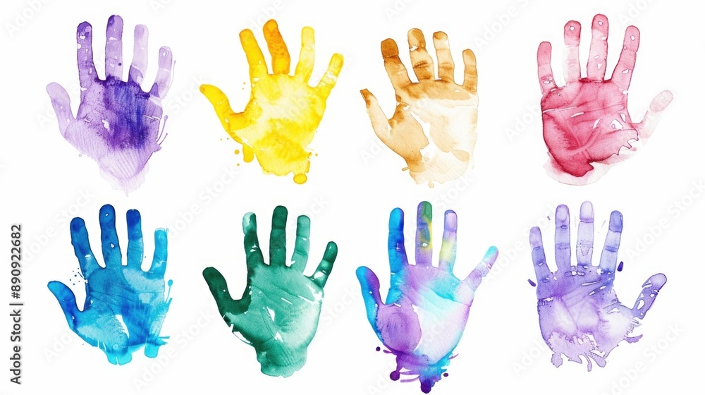 A set of colorful hand prints on different textured and patterned backgrounds, great for illustration or design projects A set of colorful hand prints on different textured and patterned backgrounds, great for illustration or design projects