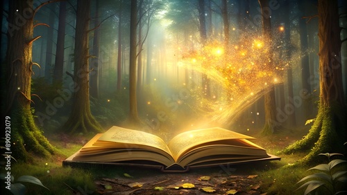 Magical open book glowing with fantasy light in a dark enchanted forest.