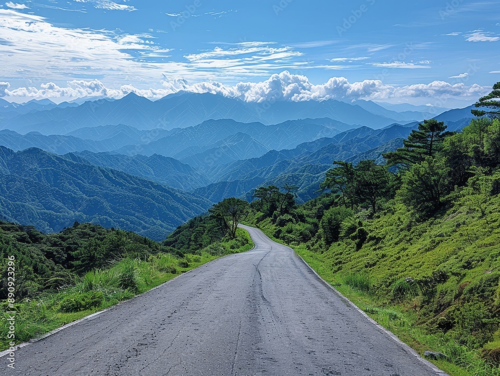 Naklejka premium Serene Mountain Road: Tranquil Nature's Beauty under Deep Blue Sky
