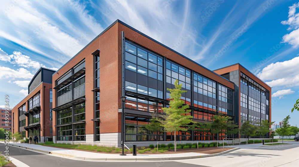 Updated Office Building with Industrial Architecture, Storage Spaces, and Clear Sky Background Updated Office Building with Industrial Architecture, Storage Spaces, and Clear Sky Background