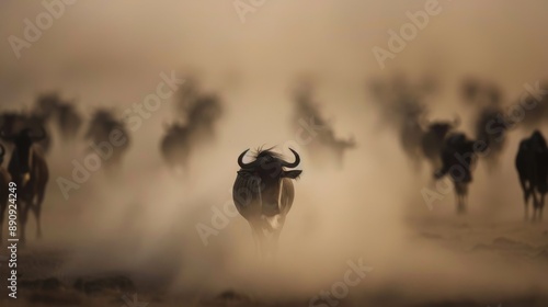 A herd of wildebeests runs through a dusty plain, with their movement captured in a blurred effect, emphasizing the dynamic and energetic motion of the stampede.