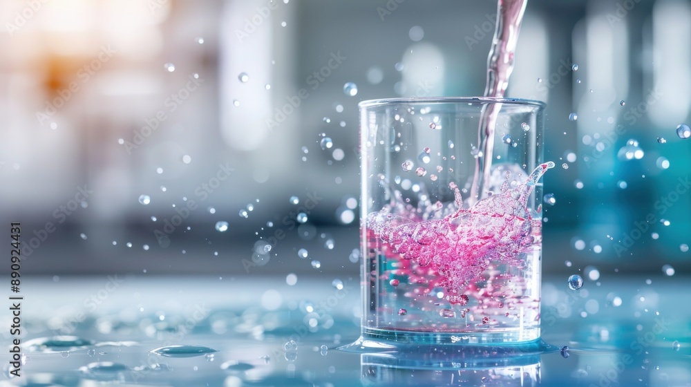 A detailed image of a transparent glass being filled with vibrant pink liquid, with splashes and bubbles around, idealizing a controlled lab pouring experiment. A detailed image of a transparent glass being filled with vibrant pink liquid, with splashes and bubbles around, idealizing a controlled lab pouring experiment.
