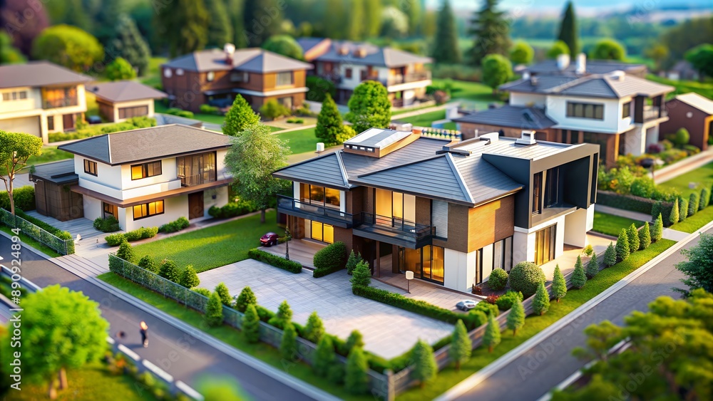 Modern suburban houses with green grass lawns in residential neighborhood Modern suburban houses with green grass lawns in residential neighborhood