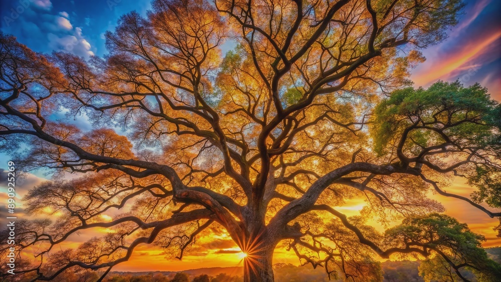 Vibrant tree with intricate branches stretches towards the sky, illuminated by warm sunset hues, creating a serene atmosphere of tranquility and spiritual balance. Vibrant tree with intricate branches stretches towards the sky, illuminated by warm sunset hues, creating a serene atmosphere of tranquility and spiritual balance.