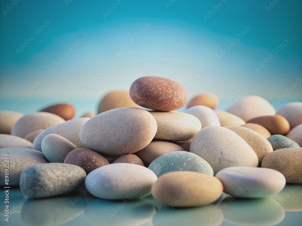 Soothing assortment of rounded pebbles in varying earthy tones arranged neatly against a serene light blue gradient background, evoking feelings of tranquility and calmness. Soothing assortment of rounded pebbles in varying earthy tones arranged neatly against a serene light blue gradient background, evoking feelings of tranquility and calmness.
