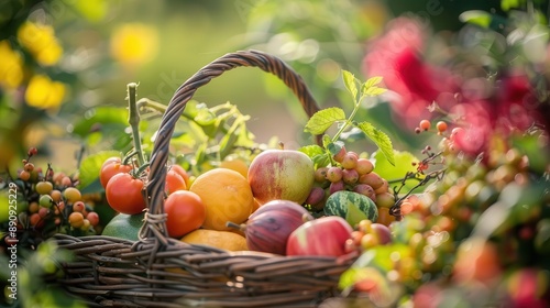 Closeup of a bountiful harvest basket with various fruits and vegetables, colorful and fresh produce, home gardening harvest © Ratchada