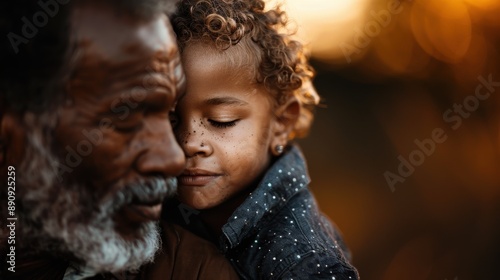In a heartfelt moment, an old man with weathered features embraces a young boy, capturing an emotional connection and warmth as the sun sets in the background.