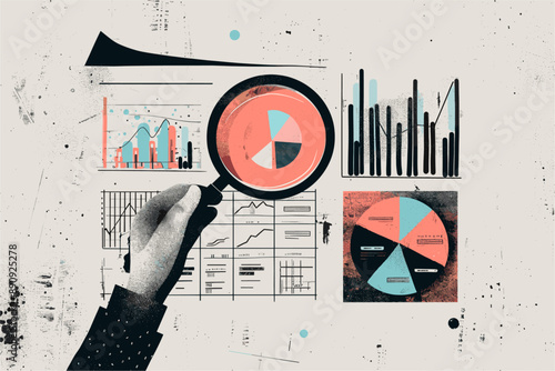 Magnifying glass highlighting detailed data charts and graphs on a professional financial report.