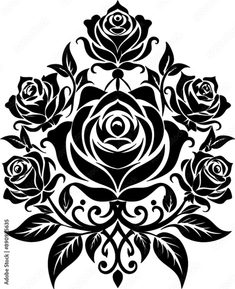 Fototapeta premium Vintage Rose Damask Floral Symmetry Black Stencil. 