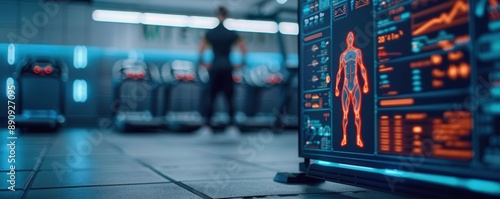 Futuristic fitness tracking, holographic workout interface, modern gym design, digital health