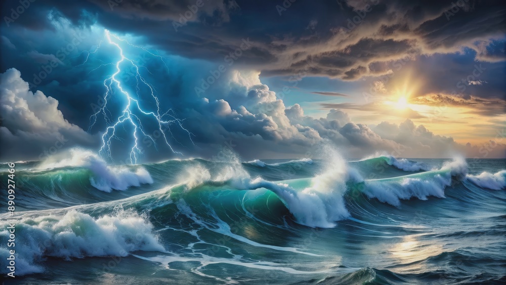 Fototapeta premium Dramatic stormy ocean with powerful waves, lightning, and wind , storm, ocean, force of nature, lightning, sea