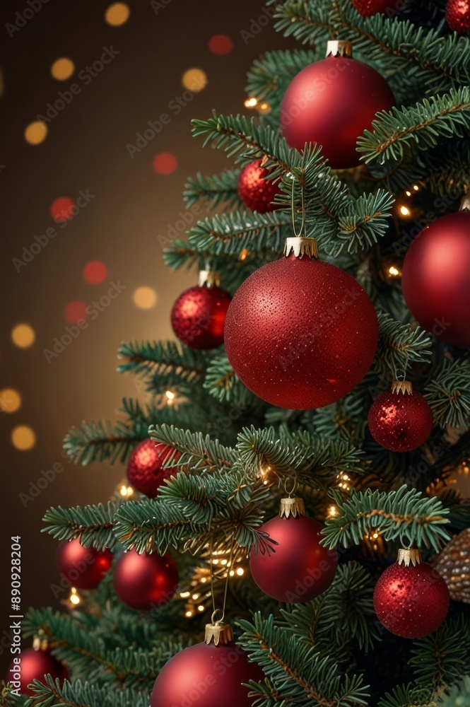 A Christmas tree decorated with red ornaments and twinkling lights A Christmas tree decorated with red ornaments and twinkling lights