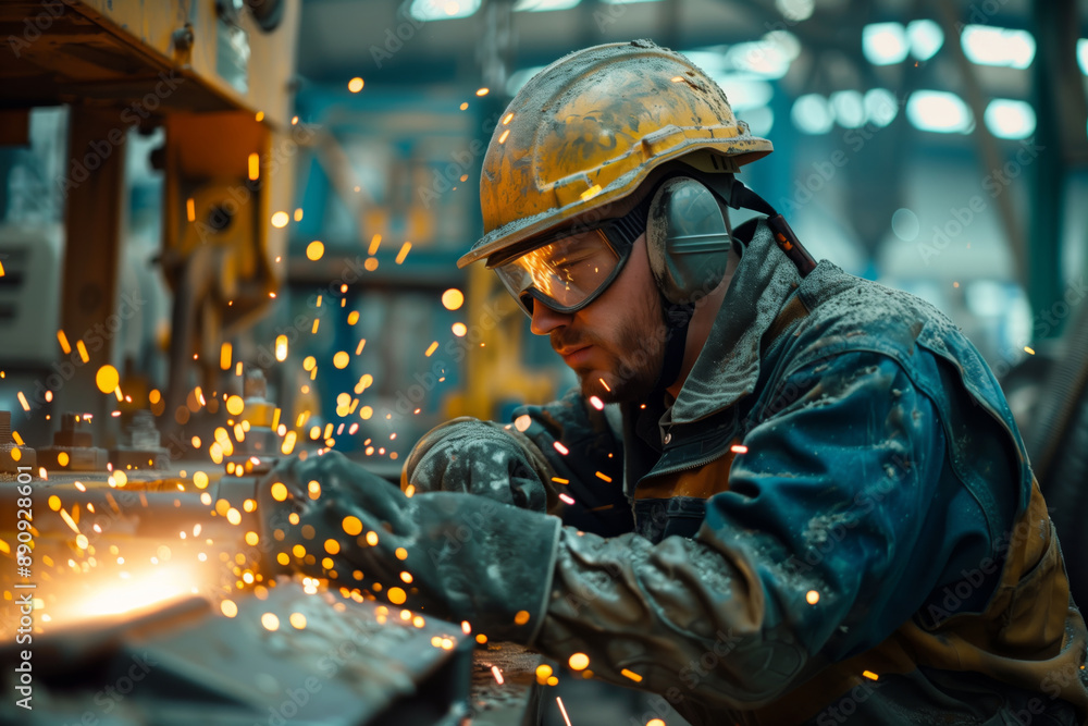 A Factory Worker's Focus: Grinding Metal Under Bright Lights A Factory Worker's Focus: Grinding Metal Under Bright Lights
