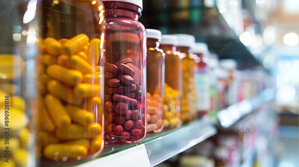 A row of medicine bottles on a pharmacy shelf, showcasing various pills and capsules A row of medicine bottles on a pharmacy shelf, showcasing various pills and capsules