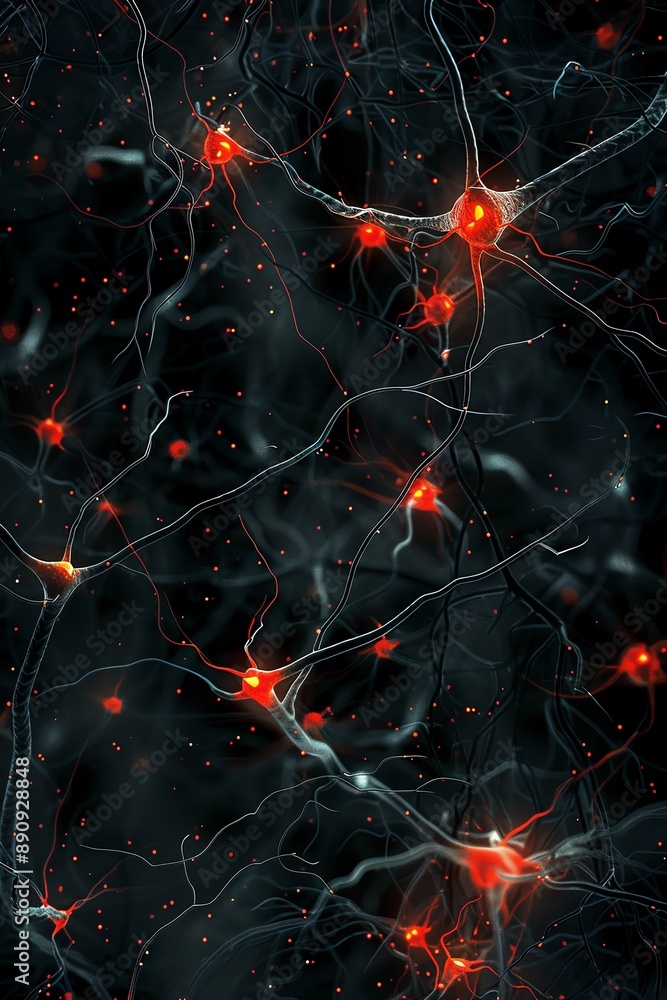Abstract representation of neurons as trees with glowing red nodes, symbolizing connectivity Abstract representation of neurons as trees with glowing red nodes, symbolizing connectivity